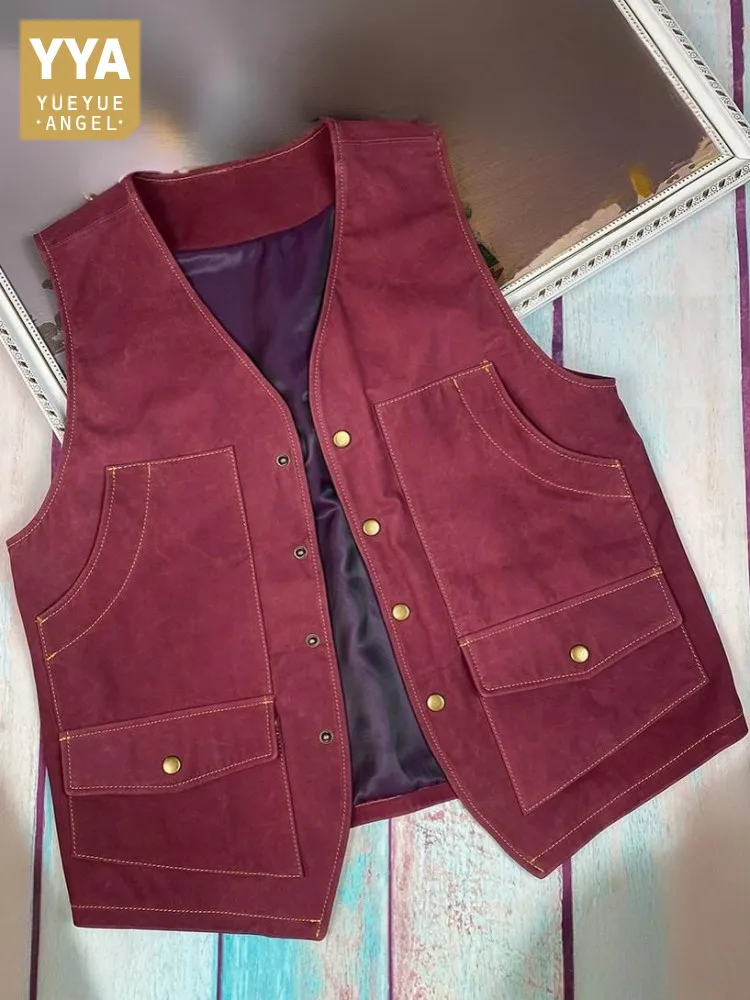 

Молодежный мужской однотонный короткий жилет из натуральной кожи с v-образным вырезом, модный однобортный жилет без рукавов с карманами, свободный жилет из конской кожи