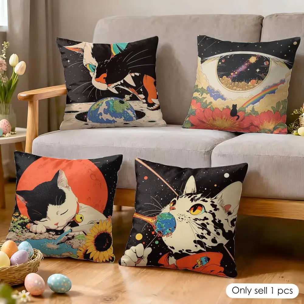 Cat and Earth Cushion Cover Soft Short Plush Pillow Cover Smooth Cozy Texture Aesthetic Cushion Case Home Decor