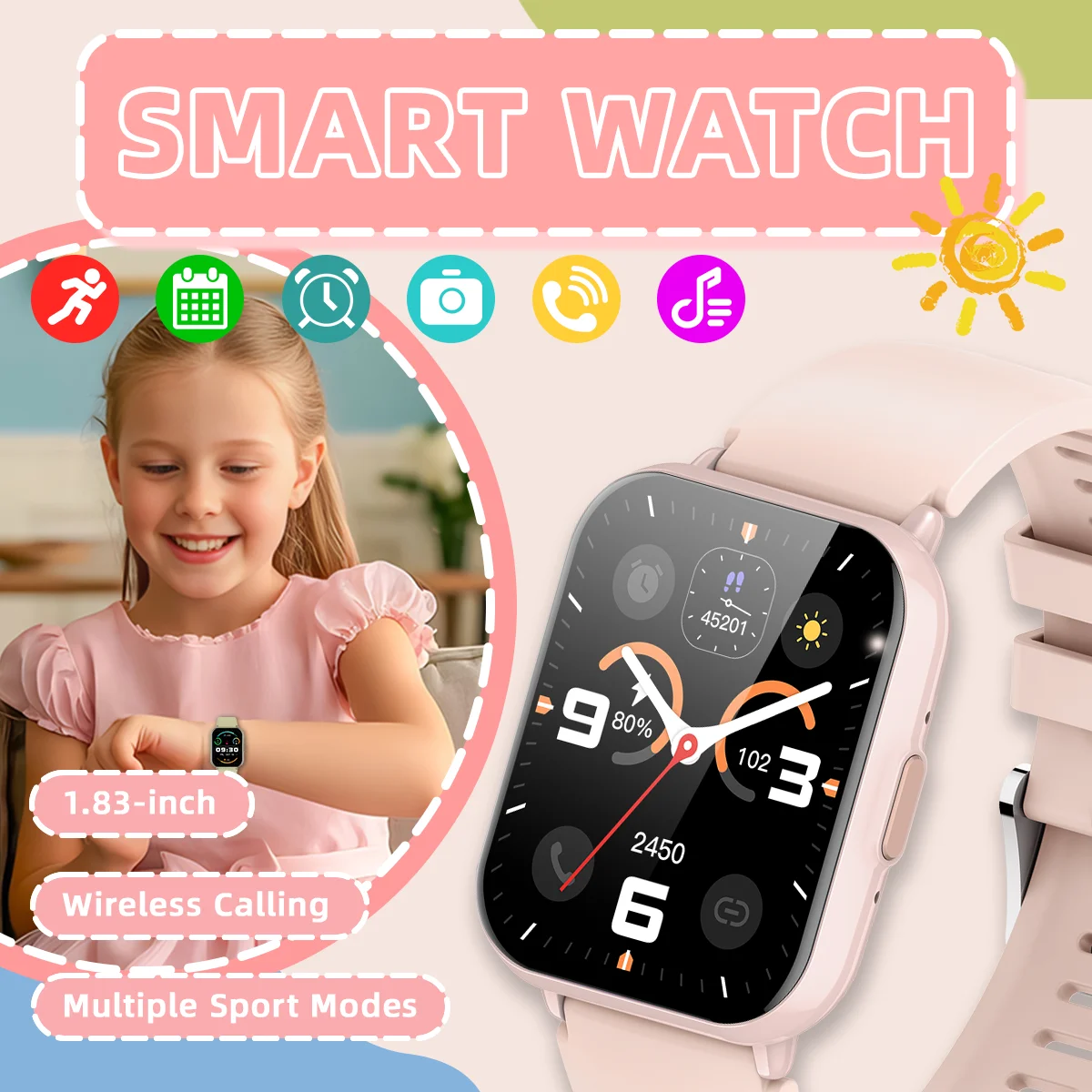 

New Kids Smart Watch BT Call AI Voice Assistant Calculator Alarm Health&Sleep Monitor Multiple Sport Model Children's Game Watch