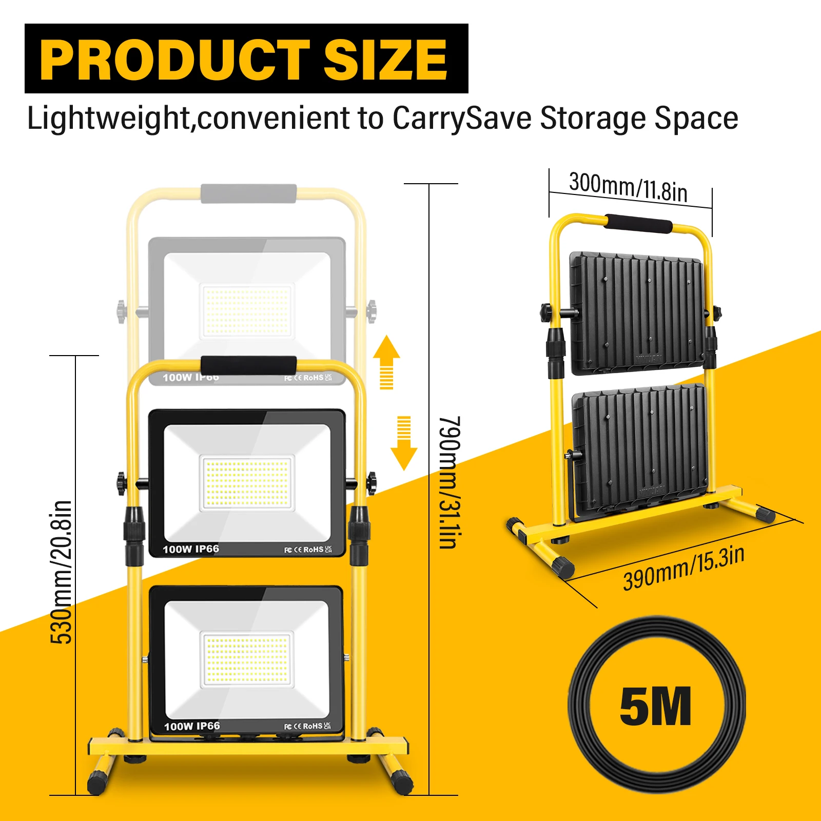 SKYWORLD 2 Heads 100W/150W Portable LED Work Light, 6000K LED Flood Lights 5M Cord with EU UK Plug Adjustable H Stand 110V 220V