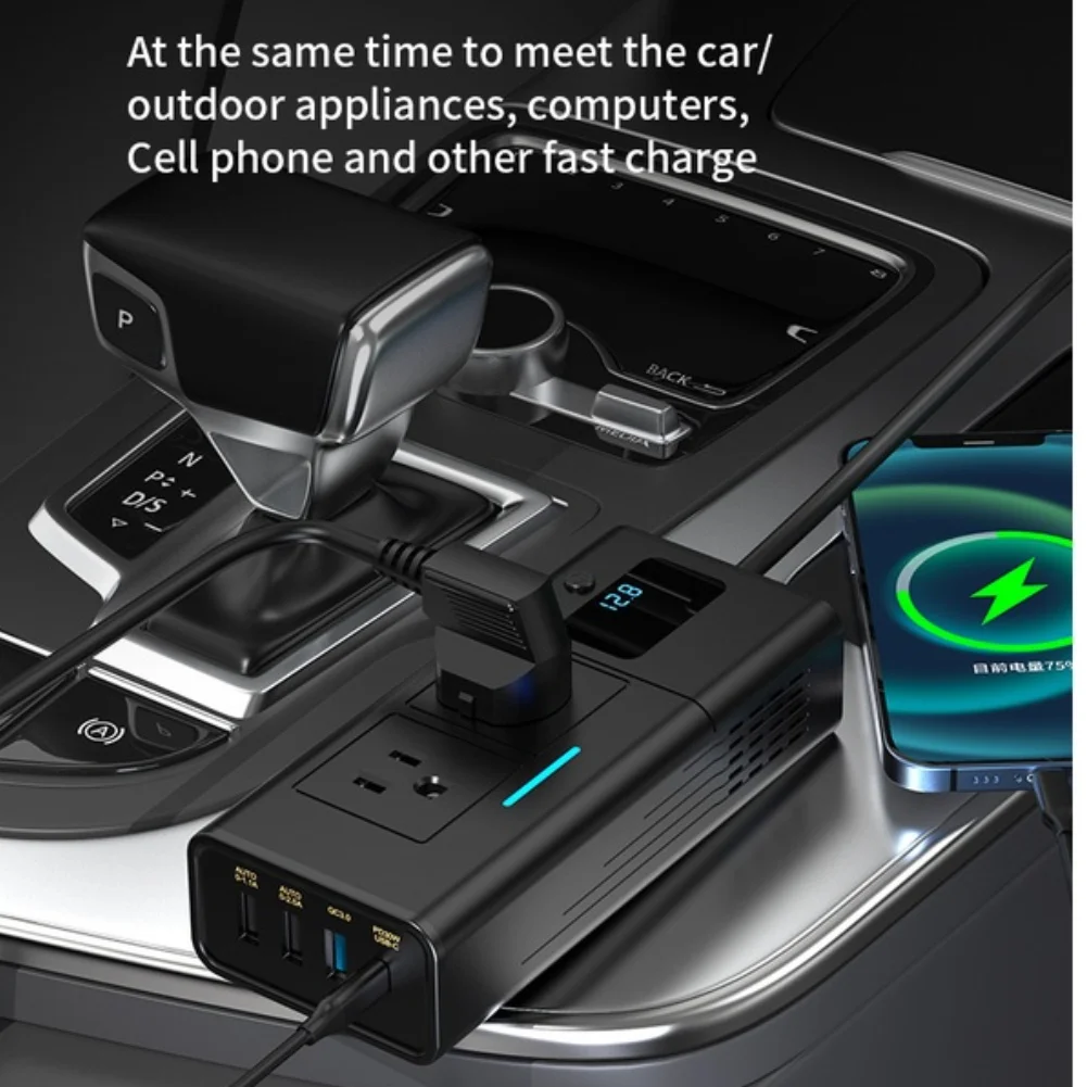 200W Car Power Inverter 12V To 110V AC Outlet Dual USB For Qc3.0 For Pd Fast Charging Port With LED Display For Travel Outdoor