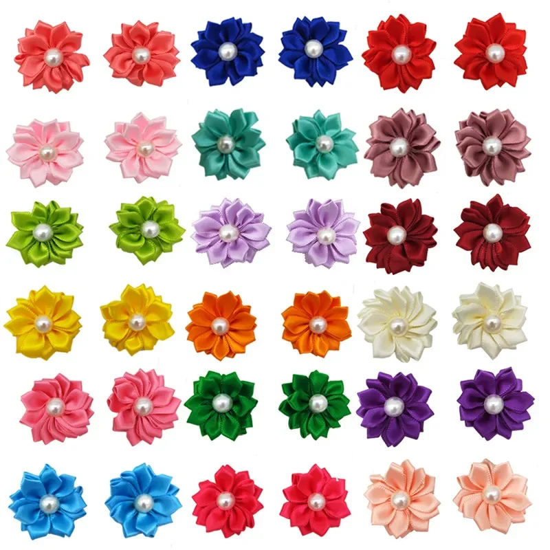 10PCS Cute Small Dog Hair Bowknot Flower Imitation Pearl Topknot with Rubber Band Pet Grooming Hair Bows Hair Decor Accessories