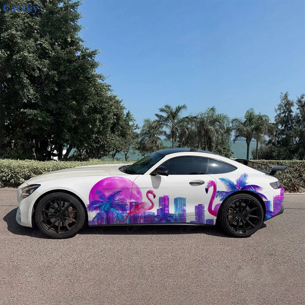 2pcs Palm Trees Tropical Birds Car Side Wraps, Self-Adhesive PVC Waterproof & Scratch-Resistant Stickers, Car Accessory Gift