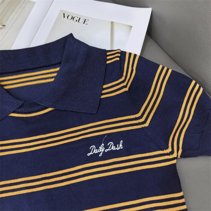 2025 verão listrado camisola camisetas femininas letras bordadas manga curta malhas camisetas elegantes moda senhoras jumpers
