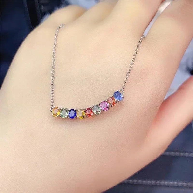 

Natural Sapphire Pendant 925 Silver Smile Shape Necklace Colorful Gemstones Women Girl Anniversary Gift with Certificate