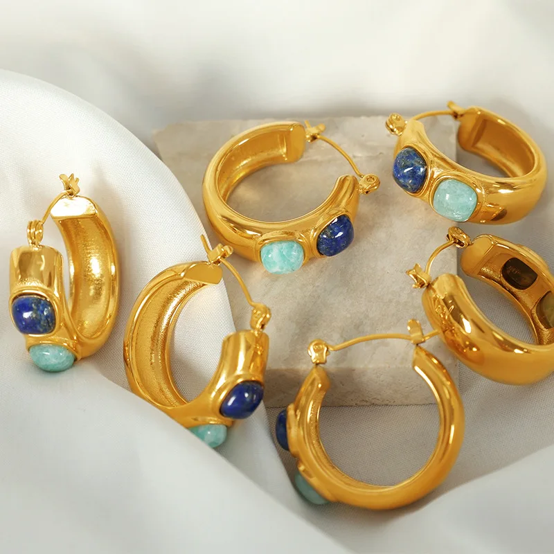 

Gold Plated Stainless Steel Brushed Natural Stone Earrings Women'S Simple C-Shaped Oval Small Earrings