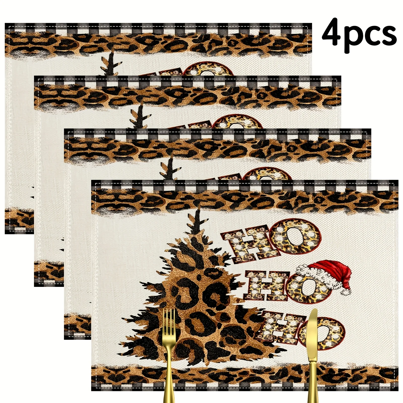4pcs Festive Christmas Leopard Print Placemats Rectangular Linen Table Mats for Holiday Dining Hand Wash Only