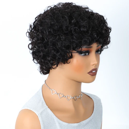 Imagen 2 del producto Pelucas Lekker cortas de corte Pixie, rizadas afro, 100% cabello humano para mujeres, cabello brasileño Remy, pelucas diarias sin pegamento hechas a máquina.