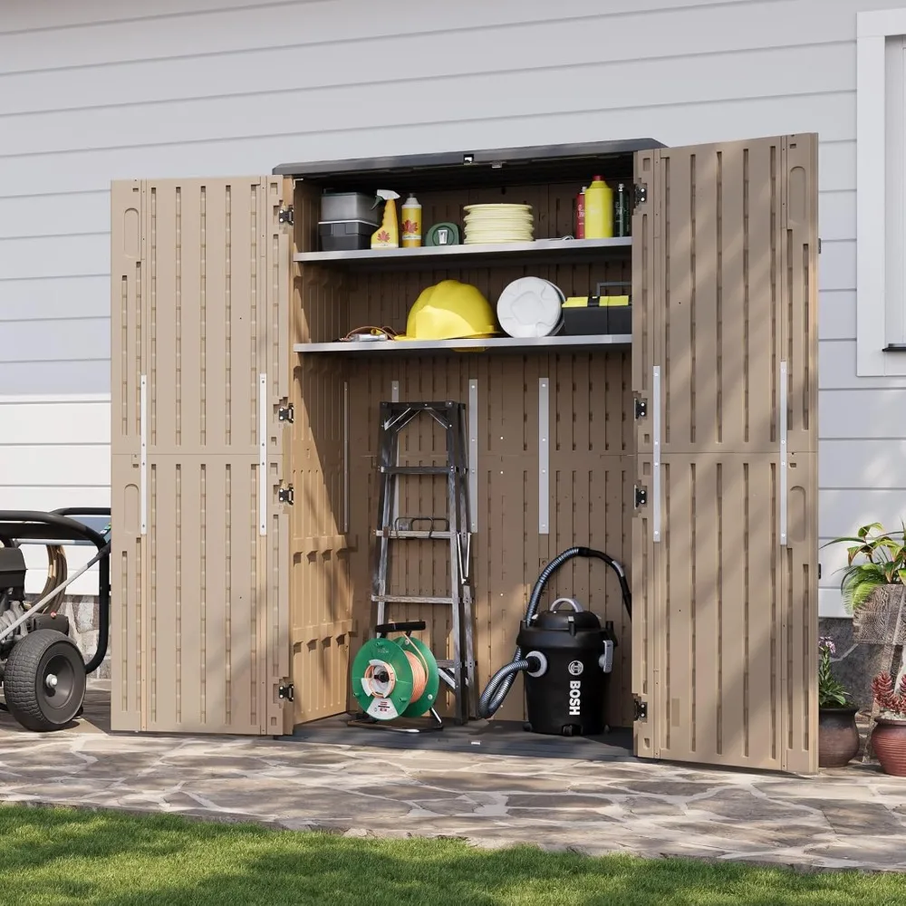

Outdoor storage shed with 2 shelves and flooring, 64 cubic feet large outdoor storage cabinet, waterproof vertical resin shed