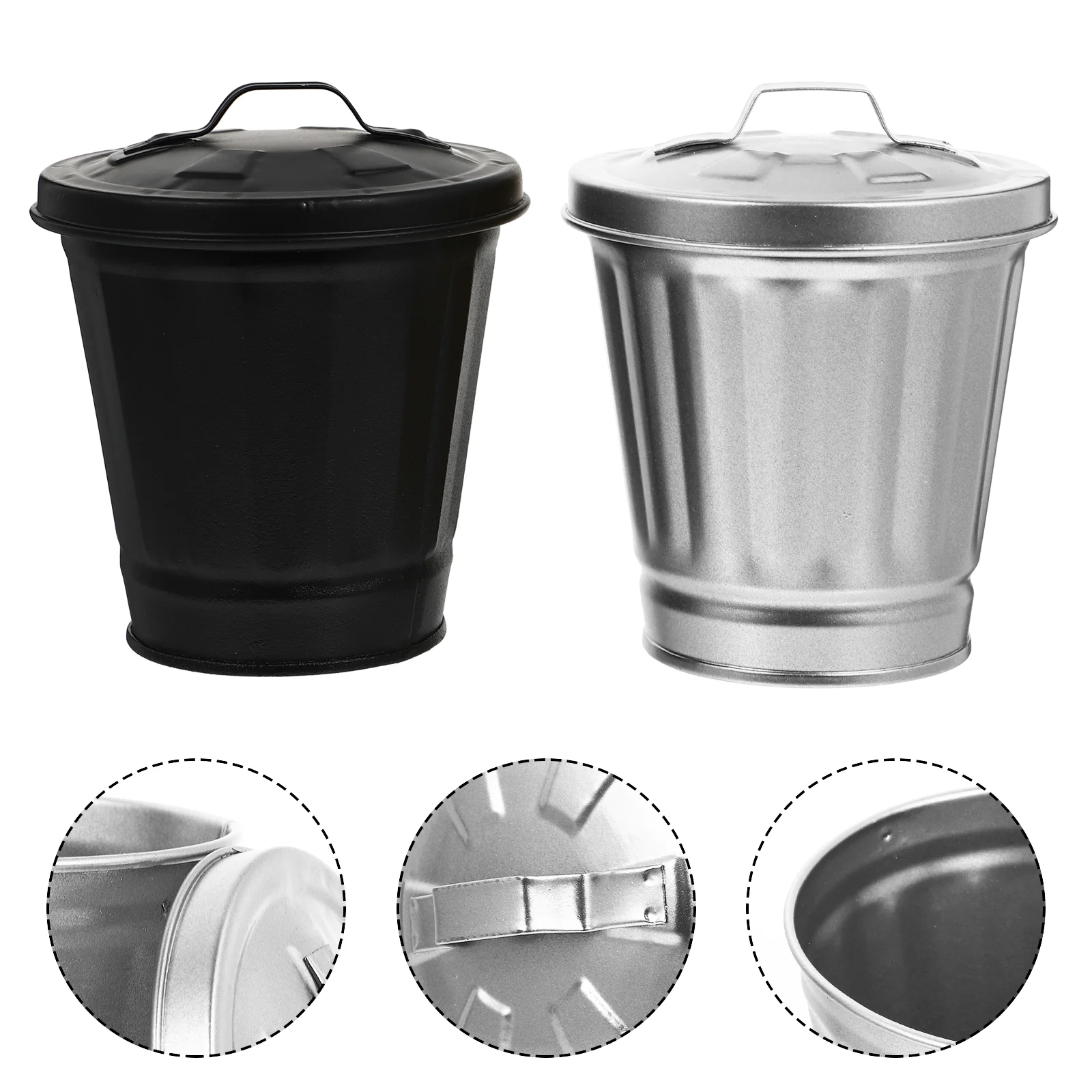 2 PCS Small Trash Can Desktop Office Car Decor Galvanized with Lid Iron Dispenser