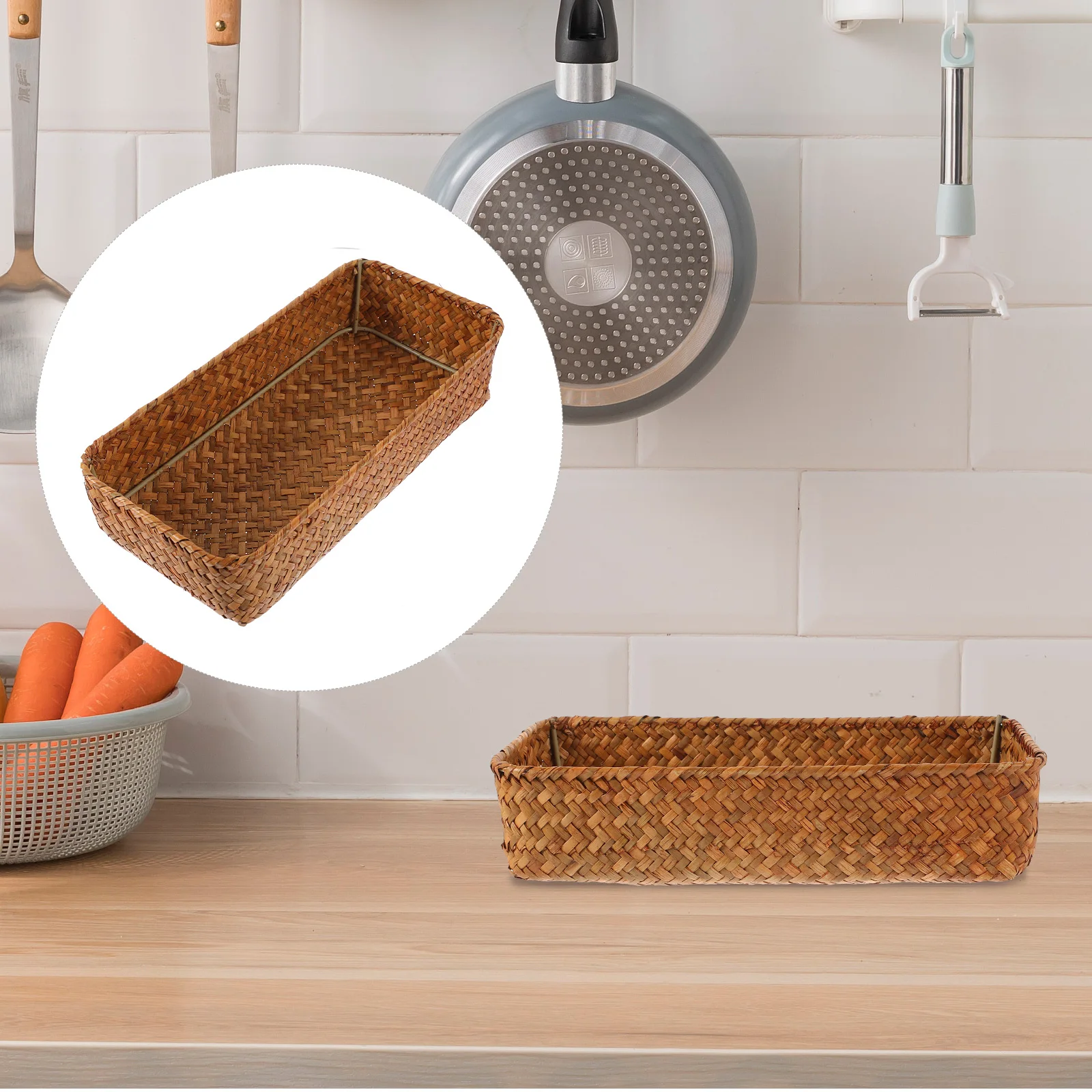 

Woven Cutlery Storage Basket Straw Multi-Purpose Tabletop Organizer Silverware Storage Basket Woven Plate Desktop Sundry Tray