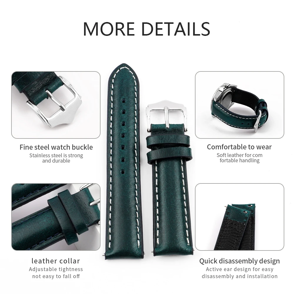 Genuine Leather Watch Band 18mm 19mm 20mm Handmade Blue Oil Wax Leather Strap for Men Women Watch Accessories