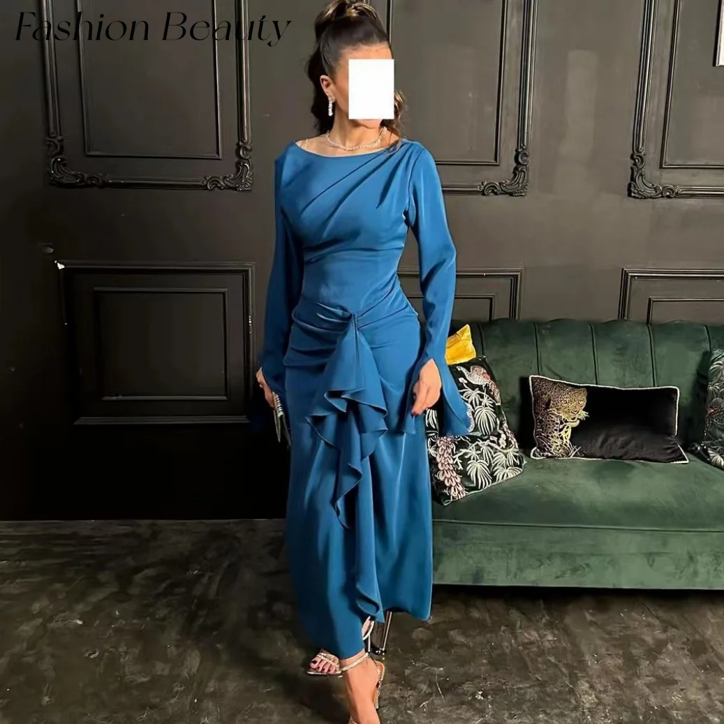 

Fashion Beauty Blue Evening Dresses O Neck Long Sleeves Ruched Ankle-Length Formal Party Gown For Women 2024 فساتين السهرة