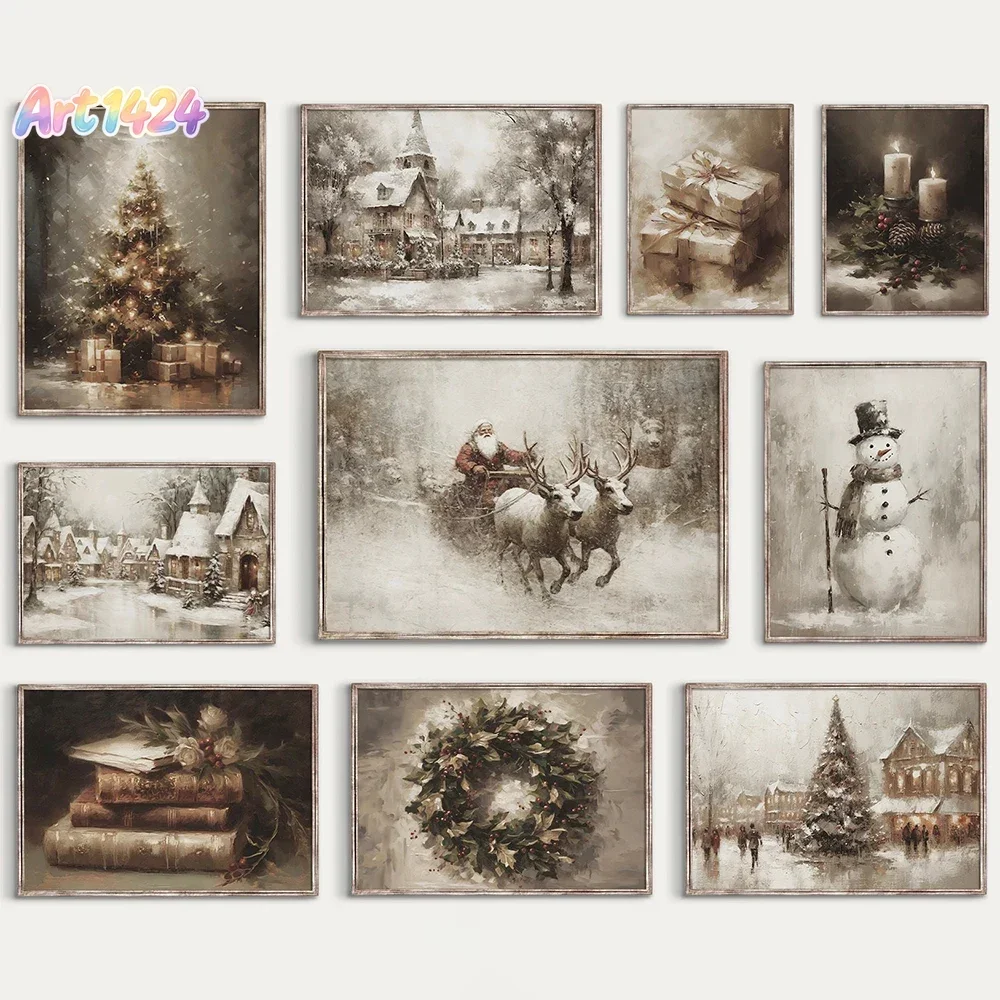 Vintage Christmas Print Canvas Painting Holiday Snowy Winter Gallery Decor Retro Wall Art  Printable Poster Christmas Decor G