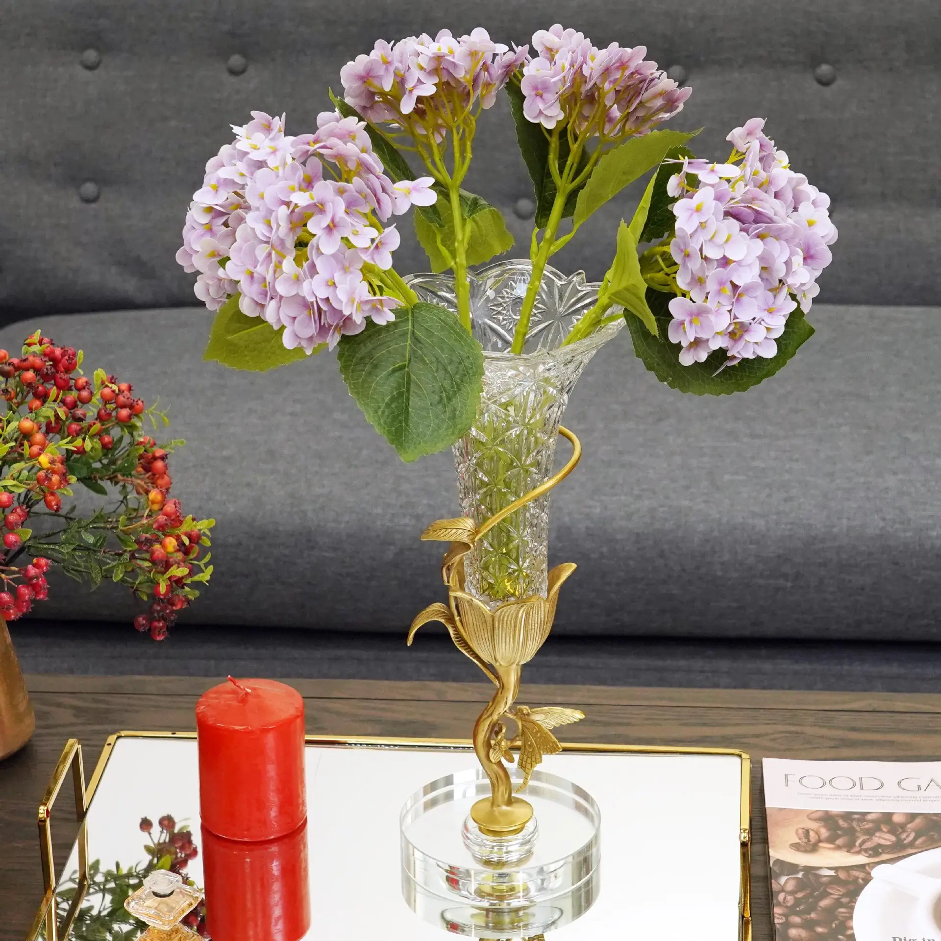 Tulip brass crystal glass light  vase household beautiful flower ware, flower arrangement ornament living room bedroom dec