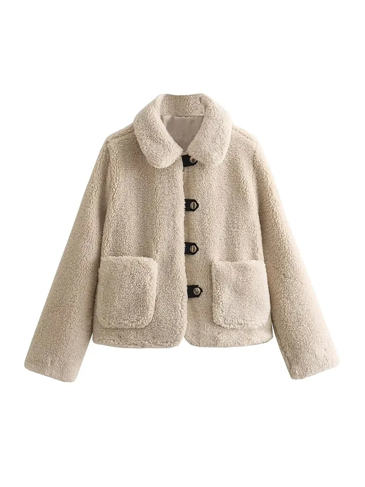 Nlzgmsj TRAF 2023 New Winter Women two-tone Short Faux Shearling Jackets Collared Jacket With Long Sleeves Warm Coats