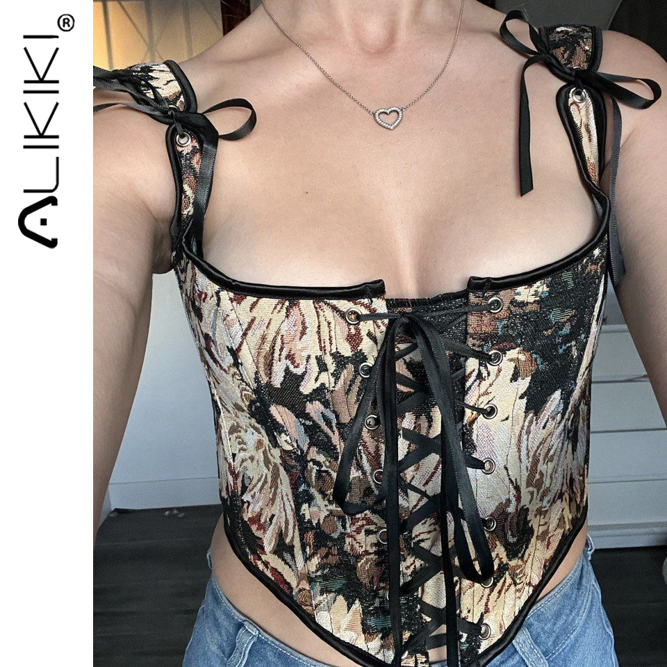

Floral Print Vintage Corset Lace Up Buister Top Medieval Corset Underbust Ren Faire Crop Top Elagant Tank Camisole