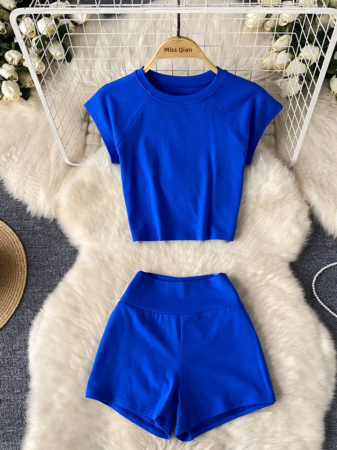 

mat Spor Casual Color Sexy Girl Set Women's Summer round Ne ort T-irt High Waist Slimming orts