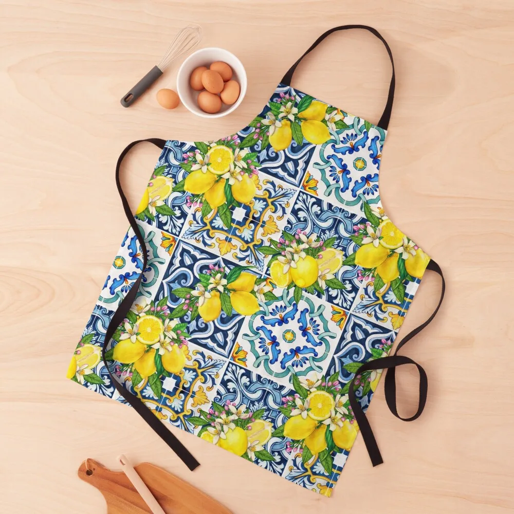 

Bright Mediterranean Sicilian Tiles with Citrus Lemons Apron Chef Uniform For Men Kitchen Front Apron