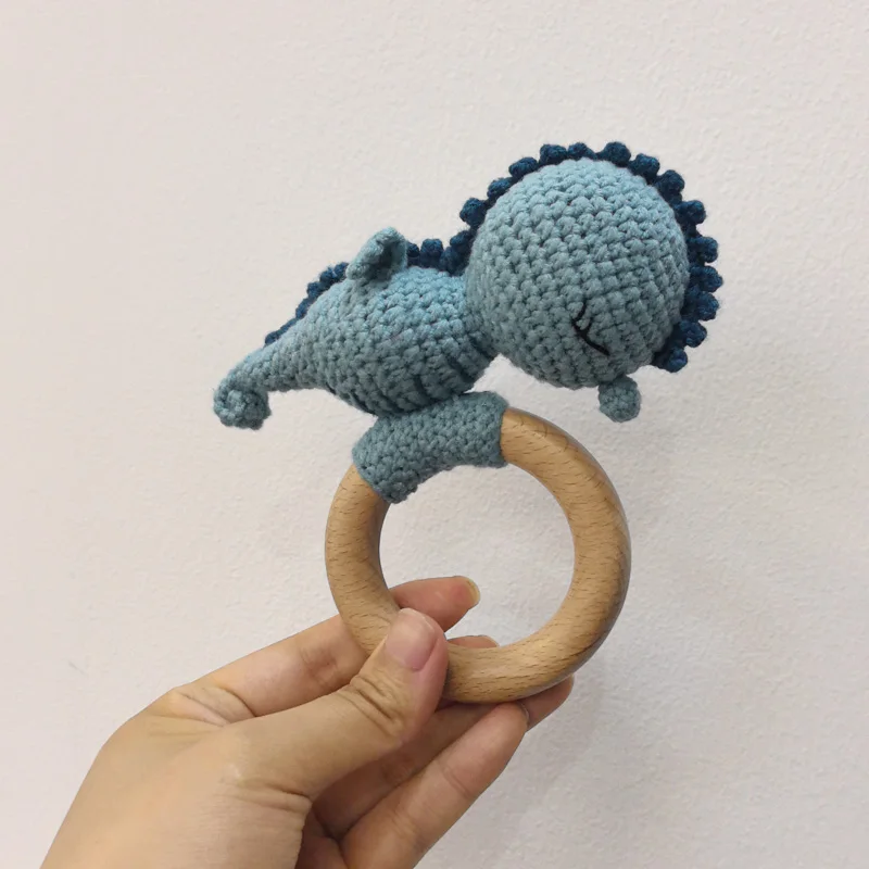 Handmade Crochet Cartoon Whale Seahorse Animal Baby Rattle Toys Safe Beech Wood Newborn Handhold Teething Ring Baby Teether