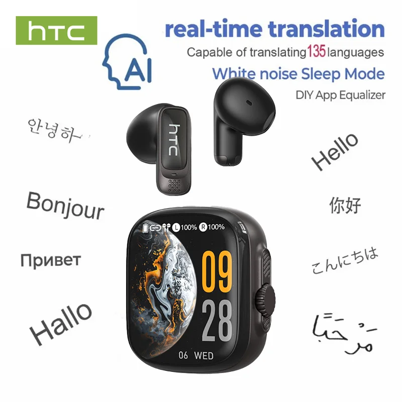 HTC NE72 TWS KI-Übersetzungs-Ohrhörer Bluetooth 6.0 Kopfhörer mit 30 Stunden Spielzeit und Smart-Touchscreen für Reisen und Geschäftliches