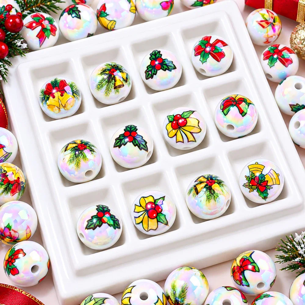 iYOE 5/10pcs 16mm AB Christmas Bell Holly Bow Print Acrylic Beads Xmas Theme Beads for DIY Jewelry Making Bracelets Necklaces