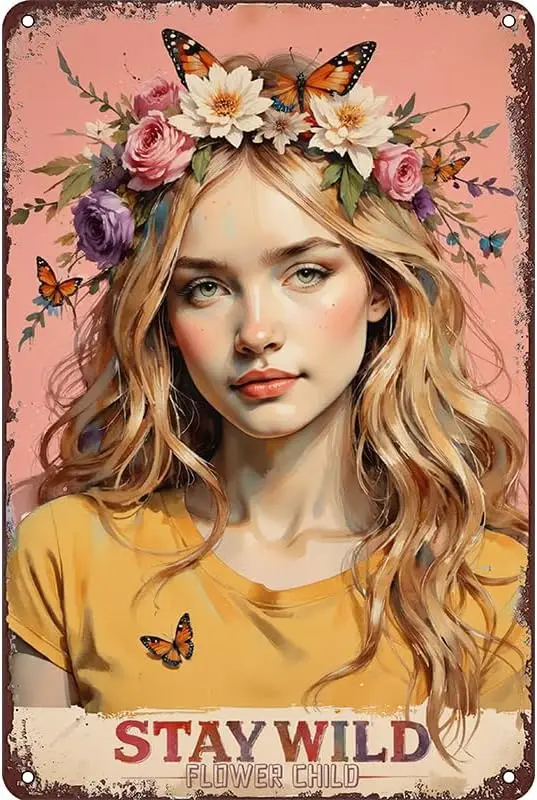 Boho Flower Child Metal Sign -   Stay Wild Wall Decor, Vintage Tin Poster, Floral Crown and Butterflies, Hippie Bohemian Wall Ar