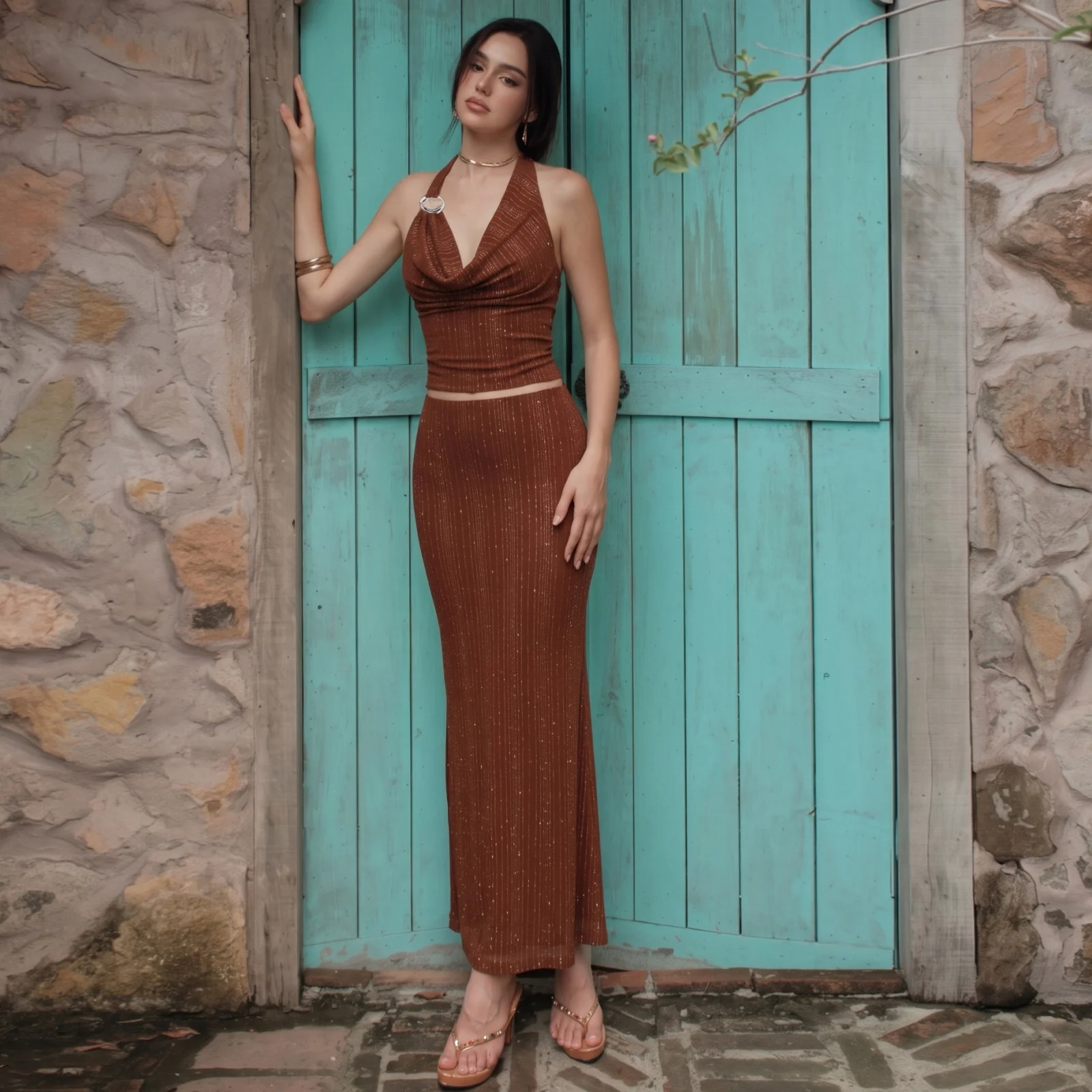 Retro American Glitter Metal Decoration Halter Low Chest Sexy  Vest Wrap around Skirt Set Women Autumn Fashion Ensemble