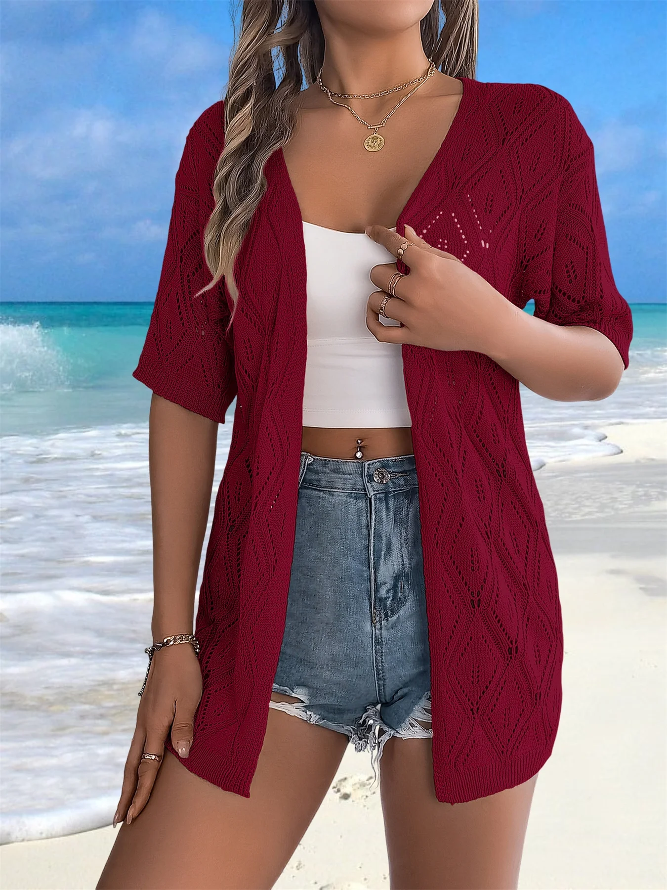 Crochet Tops for Women Summer Lightweight Short Sleeve Knit Sweater Cardigan Loose Soft Drape Open Front Beach Shirt Coverups