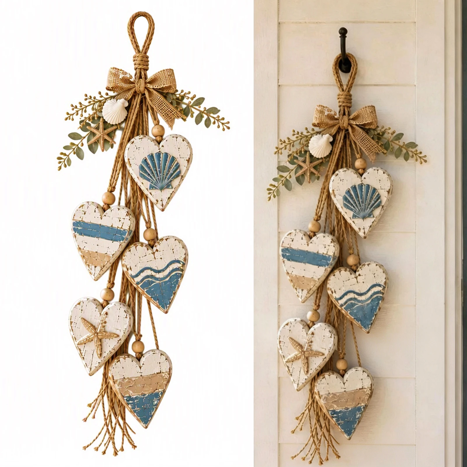 Boho Home Wall Art 5 Layered Heart Hanging Rustic Farmhouse Distressed Wood Jute Rope Decor