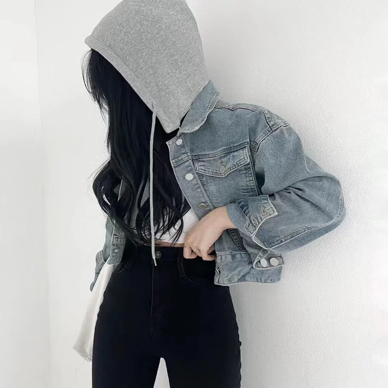 Coreano chique retro denim curto feminino único breasted removível chapéu jaqueta cardigan topo
