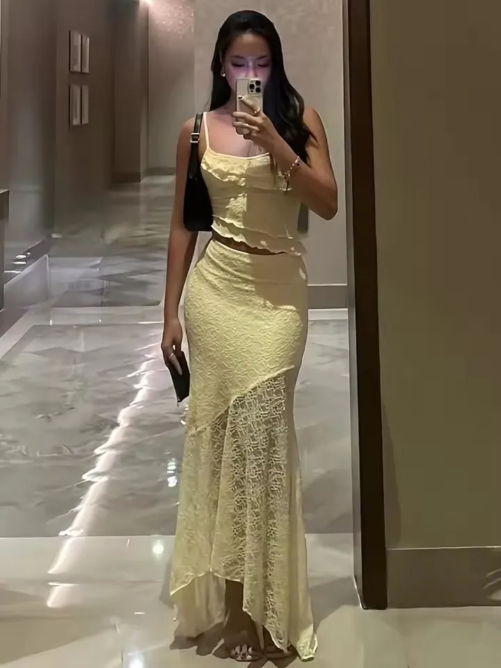 

DSMTRC 2025 Women Elegant Summer Yellow Lace High Waist Skirt Two Pieces Sets See Througn Funge Short Crop Top+Long Dress Suits