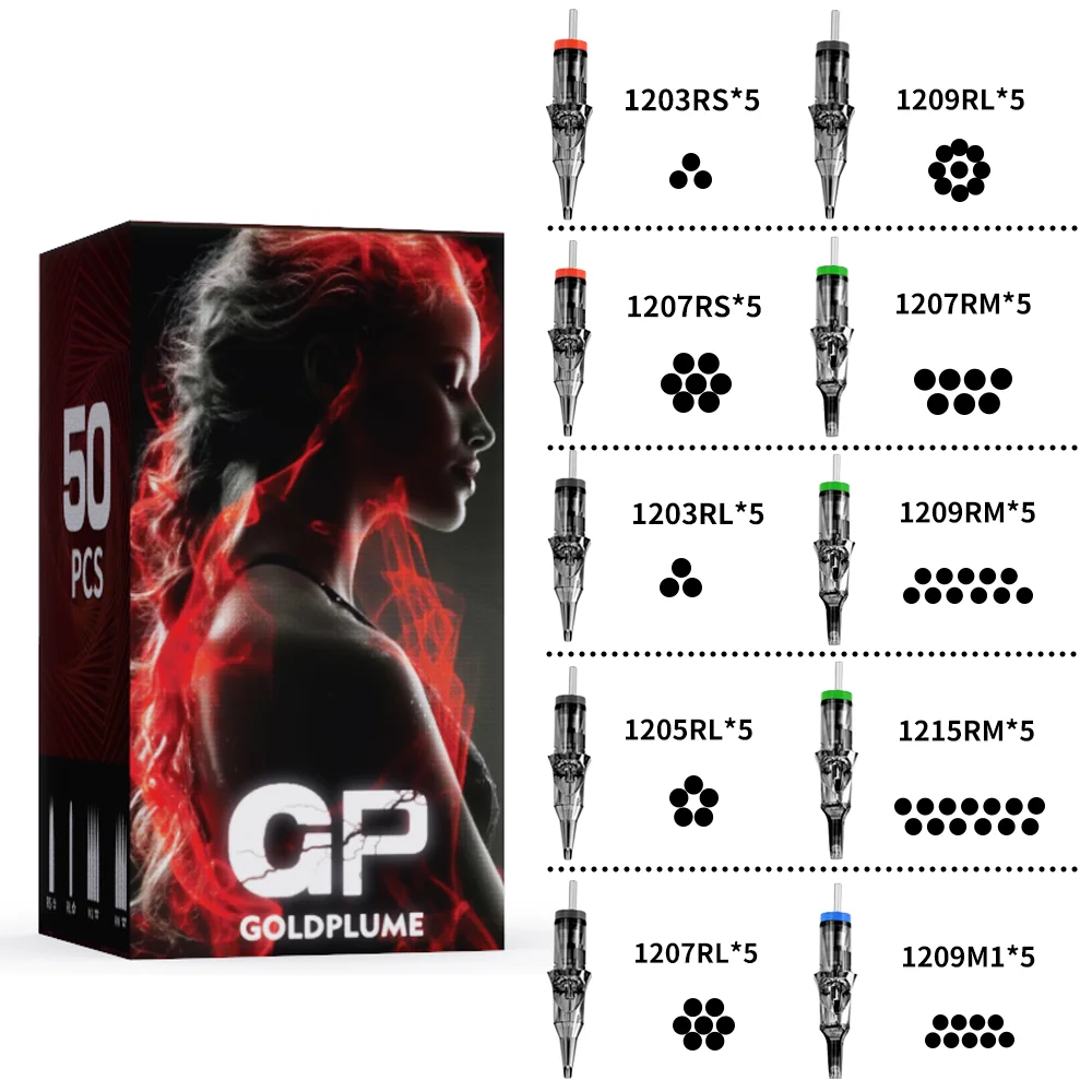 

Goldplume 50-Piece Tattoo Needle Set - Mixed Models Including 3Rs 7Rs 3Rl 5Rl 7Rl 9Rl 7Rm 9Rm 15Rm 09m1, Safety Film Box Professional Needles