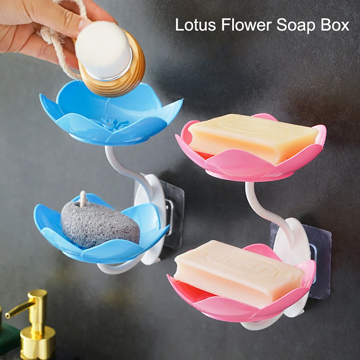 Kreative Seifenkiste mit Lotusblüten, 2-stufiges Serviertablett, Utensilienhalter, Saugwandtablett, florale Seifenschale, Regalhalter, Seifenhalter