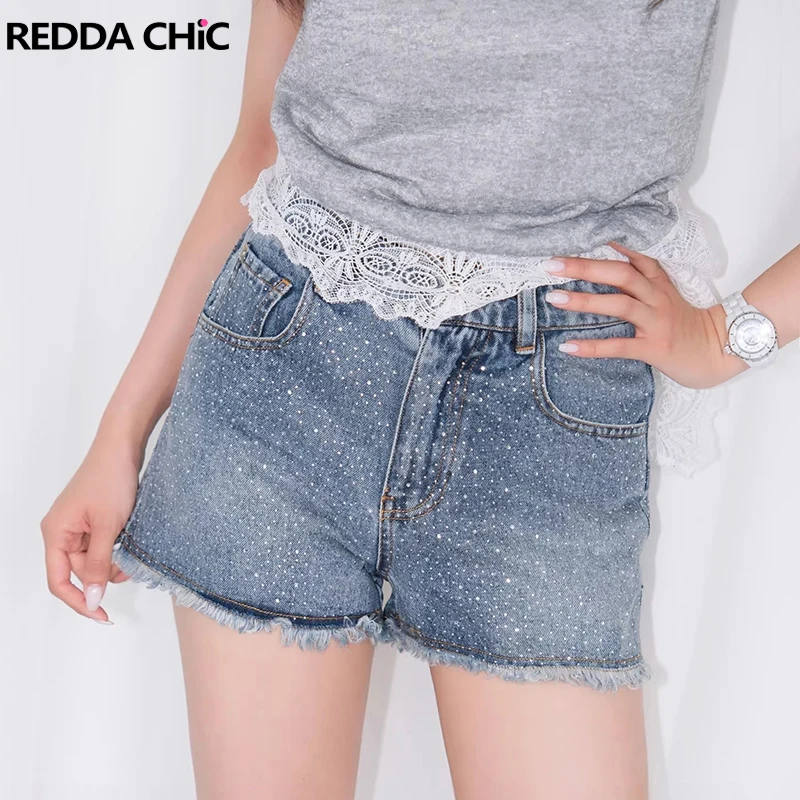 

ReddaChic Women Raw Edge Rhinestone Denim Shorts Pockets High Waist Do Old Washed Jean Shorts Party Festival Vintagge Clothes