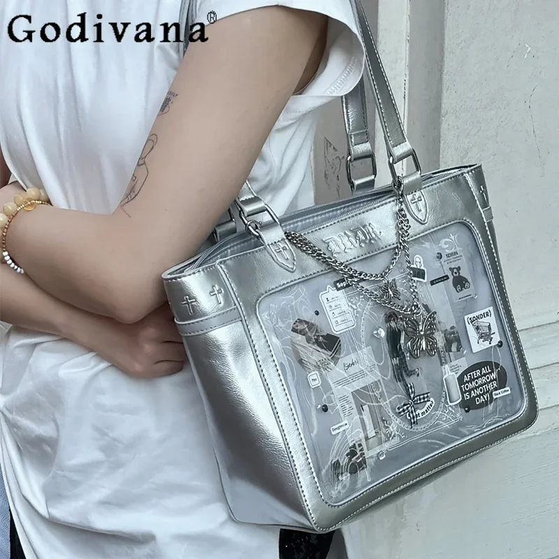 

Handbags Leather Shoulder Bag Bolso Cute Transparent Versatile Large Capacity Student Gothic Tote Bags for Women