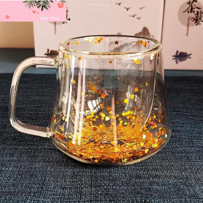 

Glass Coffee Mug Double Wall Insulated Mug Love Sequins Transparent Cup Starry the Night Insulated Coffee Mug With Handle
