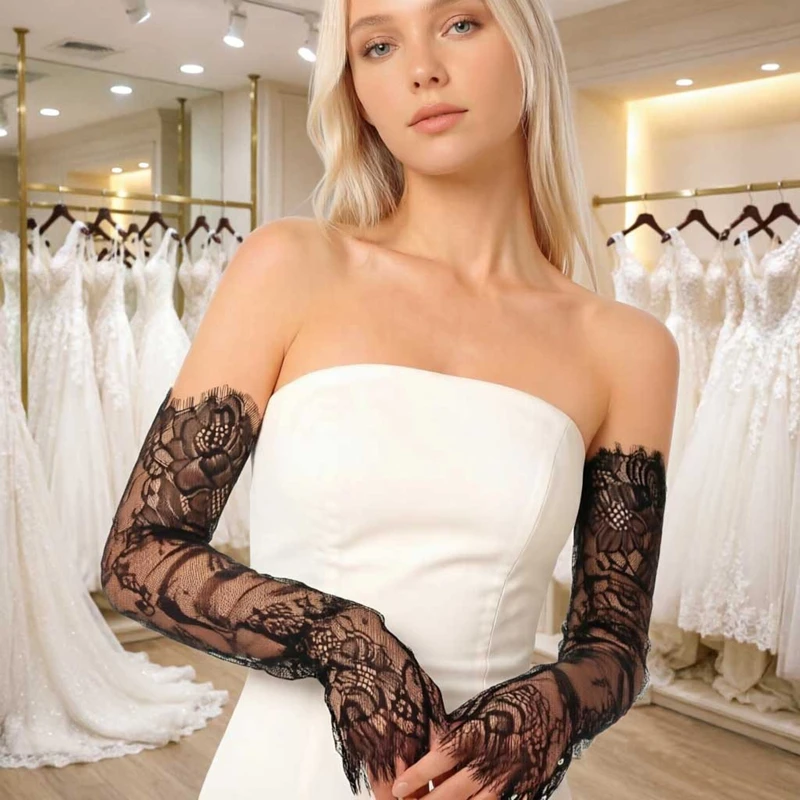 Long Removable Mesh Hollow Out Lace Arm Sleeve Thin Solid Color Fingerless Gloves Bridal Wedding Dress Accessories