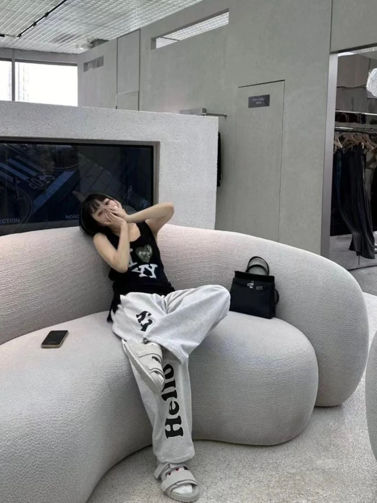 กางเกงขายาวลำลองสไตล์เกาหลี ผ้าฝ้าย เอวสูง ทรงตรง สำหรับผู้หญิง เหมาะสำหรับเต้นรำ