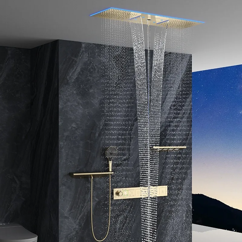Bathroom Brass Thermostatic Concealed Square Shower Head Hot Melt Pre-embedded Ceiling Waterfall in-Wall Smart LED Brushed