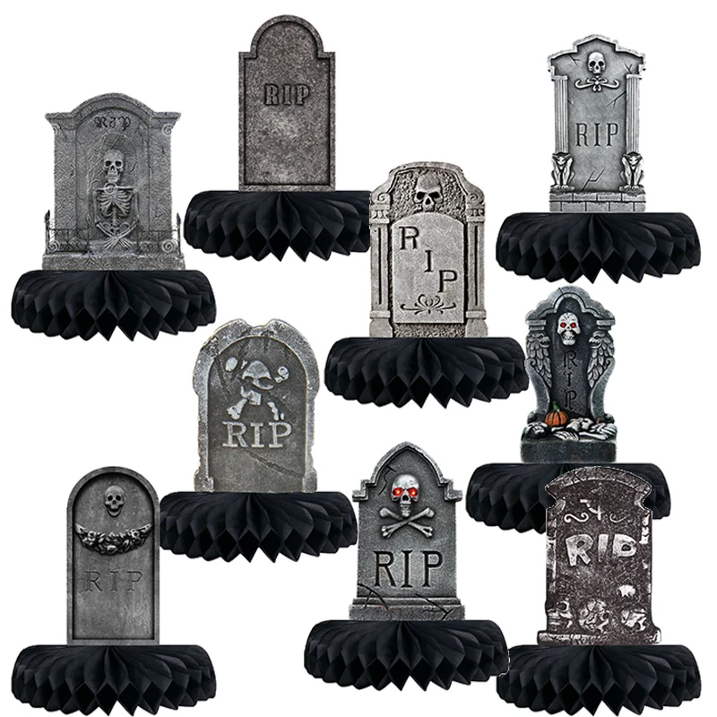 

9pcs Halloween Party Tombstone Honeycomb Ornament Black Halloween Tabletop Decor DIY Accessories Halloween Haunted House Decor