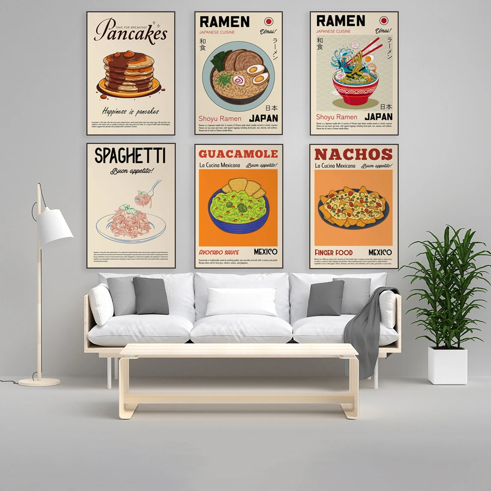 Pizza, Japanese ramen, pancakes, pasta, ratatouille, guacamole, tacos, Bon Appetit, food print, vintage kitchen decoration poste