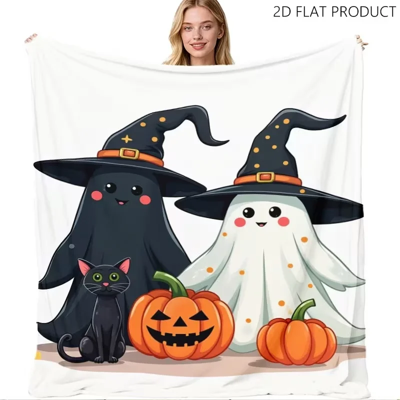 Watercolor Haunted Castle Halloween Throw Blanket,Ghost Black Cat Skeleton Pumpkin Bat Moon Print Gothic Home Blanket