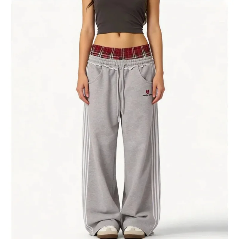 Women Men American Casual Sweatpants Side Bar Splicing Grid Loose Wide Leg Trendy Street Style Daily Wear