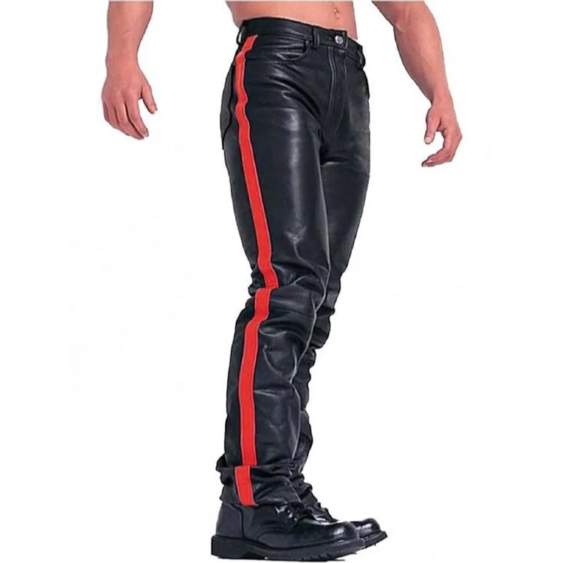 Men's Fashion Club Wear Skinny Faux Leather Pants Slim Fit Patched Motorcycle Biker Rider PU Trousers Windproof Moto Bottoms