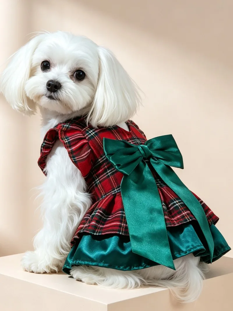 Doppellagiges festliches Kleid mit Schleife für Haustiere, Herbst-Winter-Hundekleidung, Katzenrock, Katzen- und Hundekleid, Haustierbekleidung, Festtagskostüm für Partys – Detail 16
