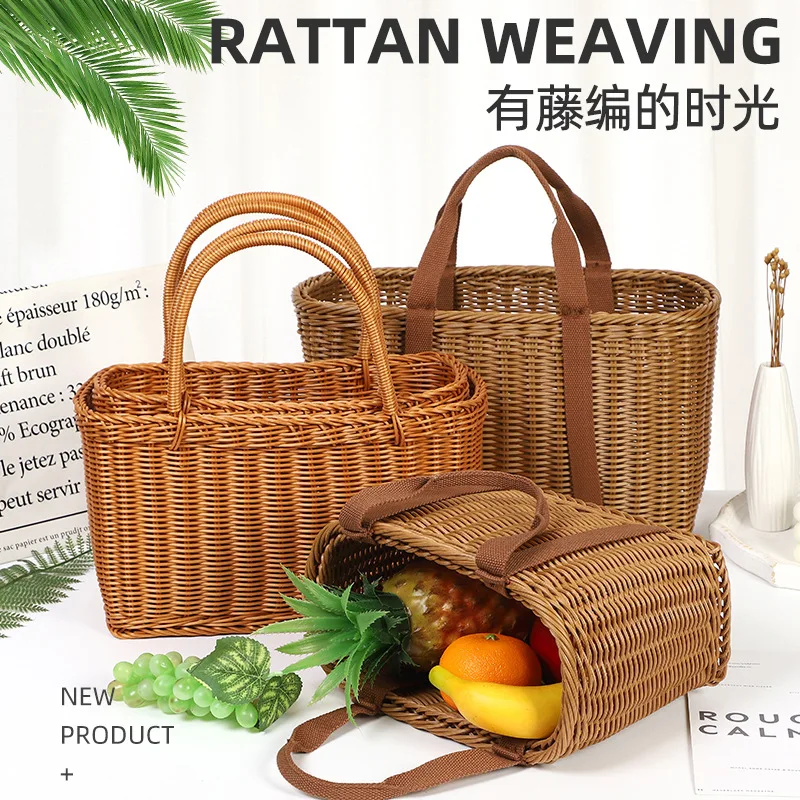 

Outdoor Picnic Storage Baskets With Cotton or Rattan Handles Lightweight Imitation Rattan Basket Hand-woven Picking Container