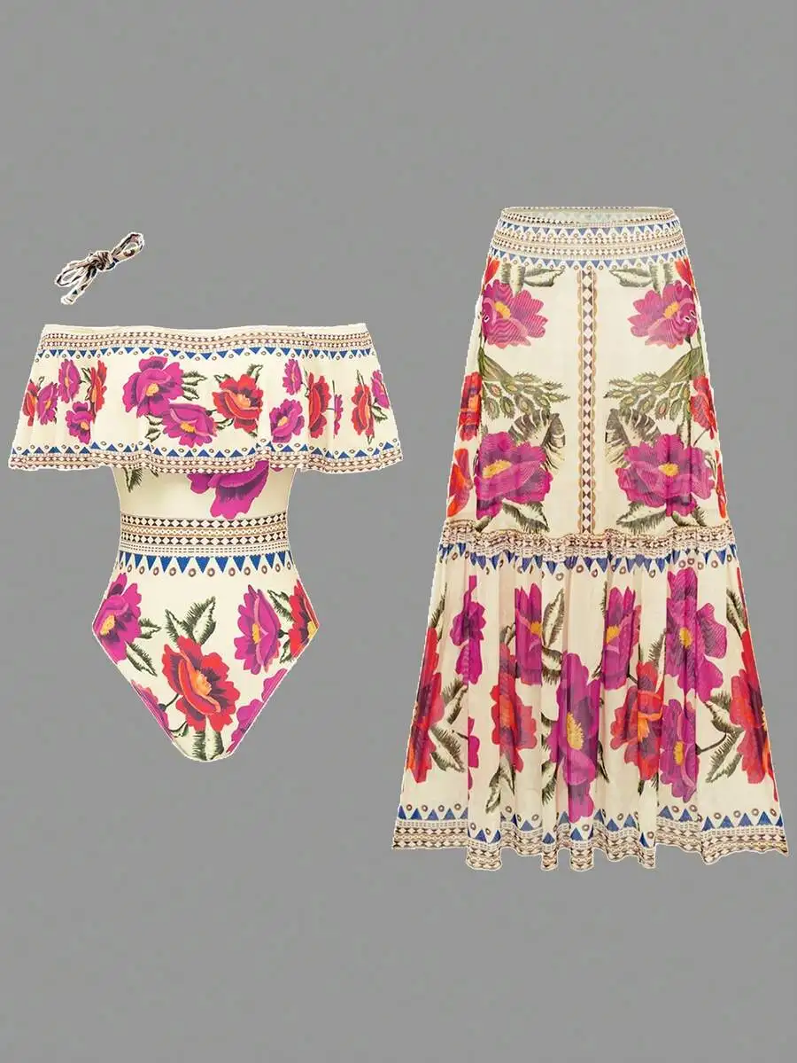 Women Off-Shoulder Floral Print Swimsuit With Detachable Strap And Pleated Skirt