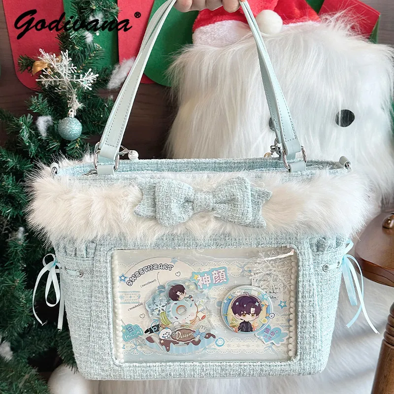 Original Cute Handbag Furry Bow Women's Elegant Square Crossbody Bag Portable Totes Handbags