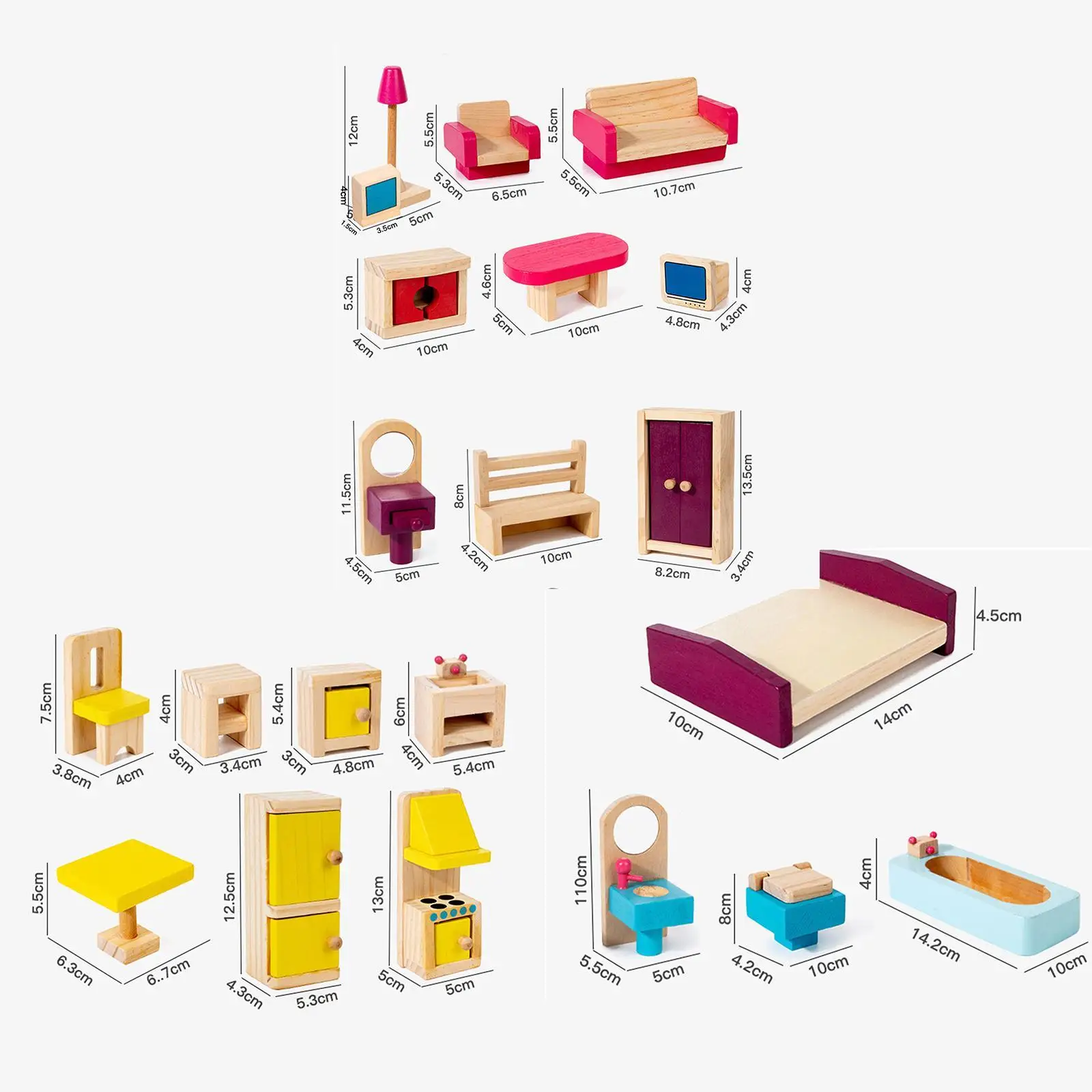 26 Uds. Muebles de madera para casa de muñecas, muebles para casa de juegos de juguete, sala de estar y baño